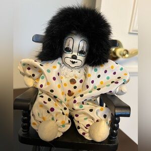 Q Tee Vintage Colorful Polka Dot Clown Doll with Fluffy Black Hair